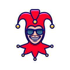 The laughing Joker in sunglasses. Jester icon. Buffoon logo