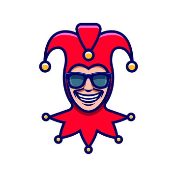 The laughing Joker in sunglasses. Jester icon. Buffoon logo