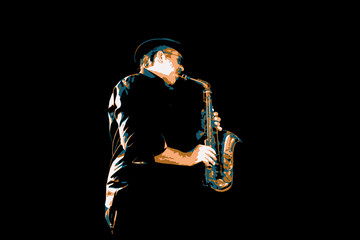Fototapeta na wymiar mann spielt saxophon, musician live on stage, saxophonist