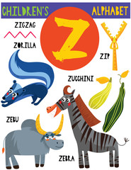 Letter Z.Cute children's alphabet with adorable animals and other things.Poster for kids learning English vocabulary.Cartoon vector illustration. © ovocheva