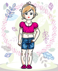 Beautiful little blonde girl posing on natural autumn backdrop with leaves. Vector kid illustration.