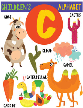 Letter C.Cute children's alphabet with adorable animals and other things.Poster for kids learning English vocabulary.Cartoon vector illustration.