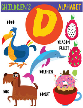 Letter D.Cute children's alphabet with adorable animals and other things.Poster for kids learning English vocabulary.Cartoon vector illustration.