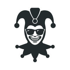 The laughing Joker in sunglasses. Jester icon. Buffoon logo - obrazy, fototapety, plakaty