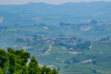 Obraz premium La Morra, province of Cuneo, Piedmont, Italy. July 15, 2018. In the Langhe territory, La Morra is a village on top of a hill that gives an enchanting lookout over the typical vineyards of the area.