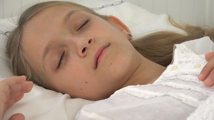 Fototapeta na wymiar Sick Child Sleeping in Bed, Ill Kid, Little Girl in Hospital Medicine Pill
