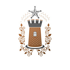 Ancient Fort emblem. Heraldic Coat of Arms decorative logo isolated vector illustration. Ornate logotype in old style on white background.