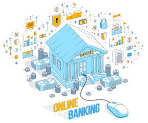 Online Banking concept, bank building with computer mouse connected isolated on white background. Vector 3d isometric business illustration with icons, stats charts and design elements.