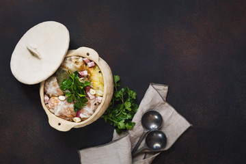 Sour Cabbage Rolls In Crock Pot With  Spices Prepared For Cooking. Top view, blank space
