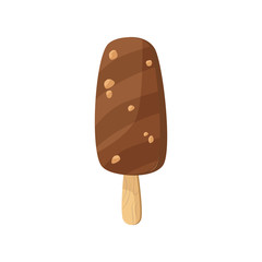Chocolate ice cream. Nuts, chocolate and wood stick. Food concept. Vector illustration can be used for topics like food, confectionary, sweet shop