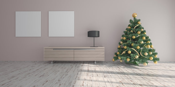 Christmas interior template composition with New Year's Eat, Gift boxes, sofa, holiday decorations and empty picture without frame. Cozy room with wood floor. 3D render illustrations