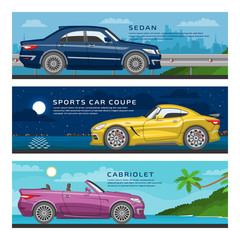 Template banner of unique concept car isolated mockup. Business sedan, sports car coupe and convertible cabriolet vehicle on a city and sea background.