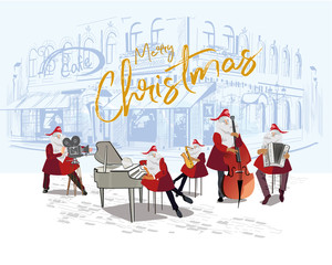 Christmas poster with Santa Claus in the old city. Christmas greeting card. Vector illustration.
