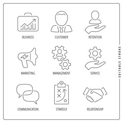 Vector business editable stroke thin line icon set with outline sign customer, retention, marketing, management, service, communication, strategy, relationship.