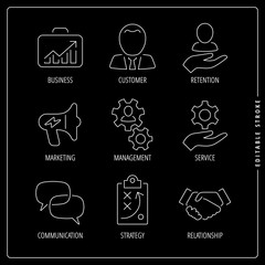 Vector business editable stroke thin line icon inversion set with outline pictogram customer, retention, marketing, management, service, communication, strategy, relationship.