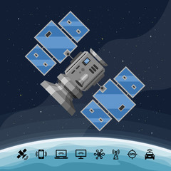 Flat vector isolated concept of artificial satellite on a space background with GPS radar station, solar panel and dish.