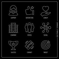  Vector business editable stroke thin line icon set on a black background with outline pictogram support, satisfaction, loyalty, company, people, social, success, contact and target sign.