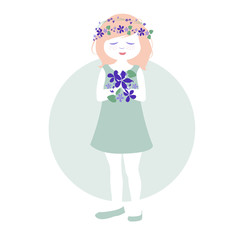Little girl with garlands of flowers in her hair holding a bouquet of wild violets