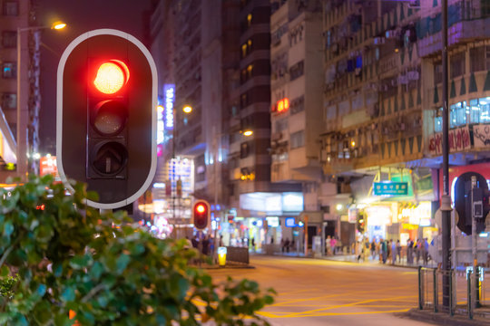 Red Street Light In Nathan Road Hong Kong