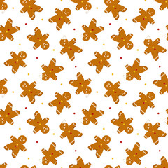 Seamless pattern background with candies and gingerbread men, christmas traditional cookies, biscuits, whole and with teeth bite mark.