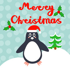 Merry Christmas greeting card with cute penguin, lettering, Holly Berry isolated blue background. Vector illustration.