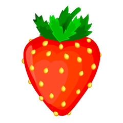 Red summer strawberry with yellow seeds and green leaves isolated on white background. Cartoon style. Vector illustration. 