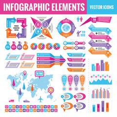 Fototapeta premium Infographic elements template collection - business vector Illustration in flat design style for presentation, booklet, website etc. Big set of Infograph and icons. Abstract graphic concept banners. 