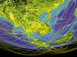 Naklejka premium Indochina from space on Earth with country borders and lines, concept of communication, travel, connections.