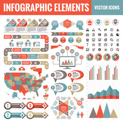 Naklejka premium Infographic elements template collection - business vector Illustration for presentation, booklet, website etc. Big set of Infograph and icons. USA map. Abstract graphic concept banners. 