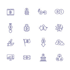 Bitcoin icon set. Set of line icons on white background. Crypto currency concept. Piggy bank, bitcoin, bank. Vector illustration can be used for topics like banking, mining, investment