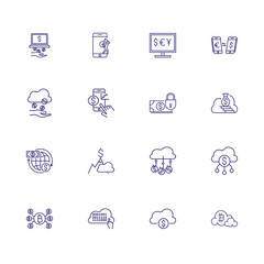 Currency icon set. Set of line icons on white background. Cloud technology, mobile, coins. Economy concept. Vector illustration can be used for topics like economy, banking, technology