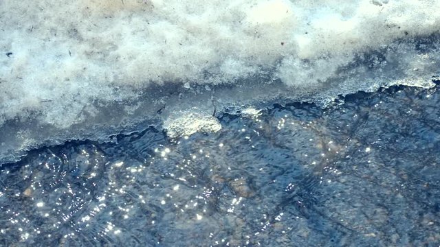 The snow melts from sun on sunny spring. Water flows like a stream. Ice and flowing water close-up. The glare of sun on surface of water. Conceptual Nature Background. Thawing of ice, changing seasons