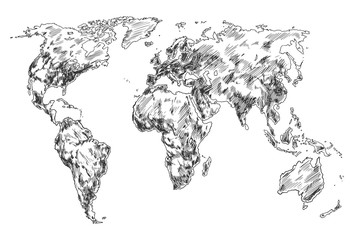 Sketch of Earth world map. Hand drawn continents