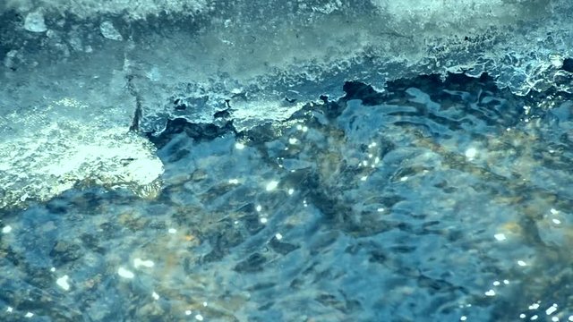 The snow melts from sun on sunny spring. Water flows like a stream. Ice and flowing water close-up. The glare of sun on surface of water. Conceptual Nature Background. Thawing of ice, changing seasons