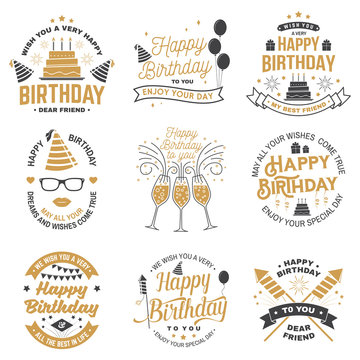 Set of Happy Birthday templates for overlay, badge, card with bunch of balloons, gifts, firework rockets and birthday cake with candles. Vector. Vintage design for birthday celebration