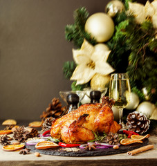 Baked turkey or chiken or Christmas or New Year Thanksgiving Day space for text