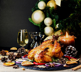 Baked turkey or chiken or Christmas or New Year Thanksgiving Day space for text