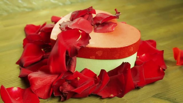 Rose petals fall on a box with a heart-shaped gift. Time laps