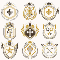 Vector vintage heraldic Coat of Arms designed in award style. Medieval towers, armory, royal crowns, stars and other graphic design elements collection.