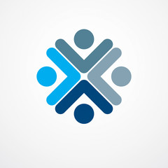 Teamwork businessman unity and cooperation concept created with simple geometric elements as a people crew. Vector icon or logo. Friendship dream team, united crew blue design.
