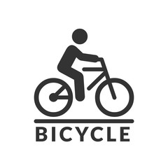 Vector isolated bicycle icon. Bike silhouette symbol with rider on road sign.