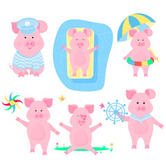 A set of funny pigs. Piggy sailor. Pigling with a swim ring and an umbrella from the sun. Piglet on an inflatable mattress in the pool. Boar walks with a windmill toy.