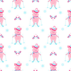 Cute piggy skiing. Piglets on winter vacation. Funny pig in a hat with a bushy pompon and a scarf. Cartoon boar outdoors. Seamless pattern