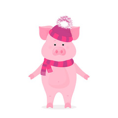 Obraz na płótnie Canvas Funny pig in a hat with a bushy pompon and a striped scarf. Cute piggy in winter beanie.