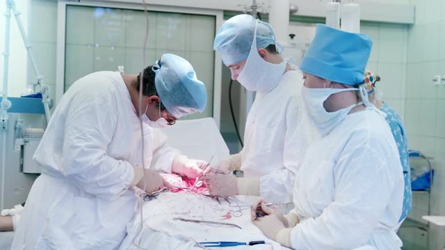 Team of medical staff concentrated performing surgical operation in modern operating room