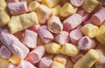 Something yummy. Marshmallow recipe with sugar and gelatin. Sweet snack food. Unhealthy junk food. Colorful mini marshmallow background or texture. Marshmallow souffle with sweet flavor