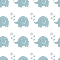 Seamless pattern with elephant and bubbles. Background with cartoon elephants. Vector illustration.