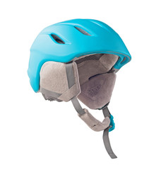 Side view of blue helmet with ear pads isolated on white background. Sport equipment with vents for...