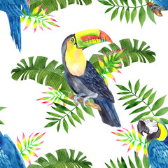 Watercolor seamless pattern with tropical flower and leaves © марина васильева