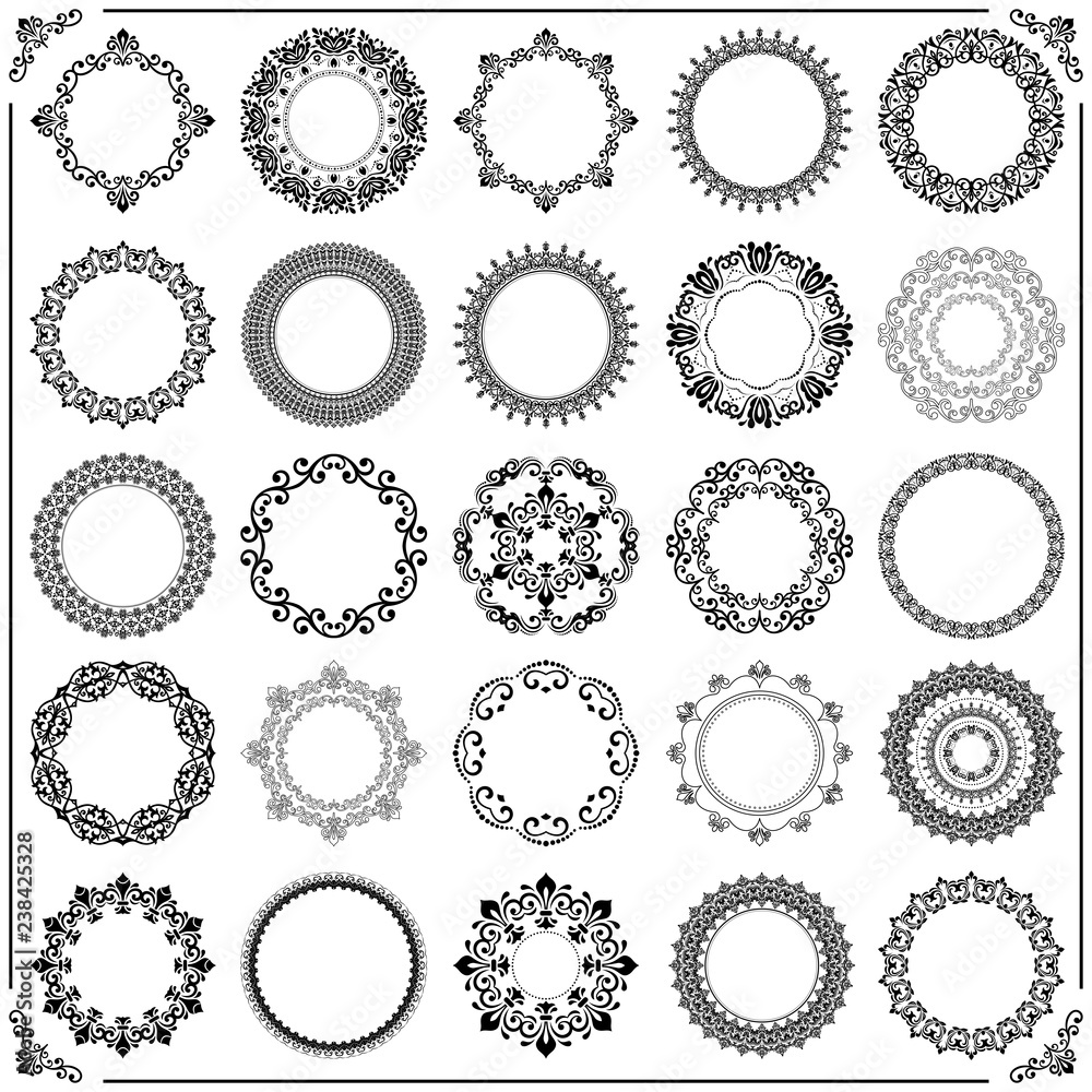 Wall mural vintage set of vector round black elements. different elements for design frames, cards, menus, back